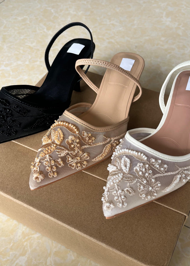 Embroidered Mesh Sling Back Heels