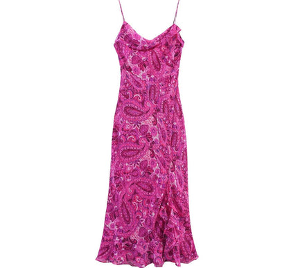 Pink Cowl Neck Spaghetti Strap Midi Dress