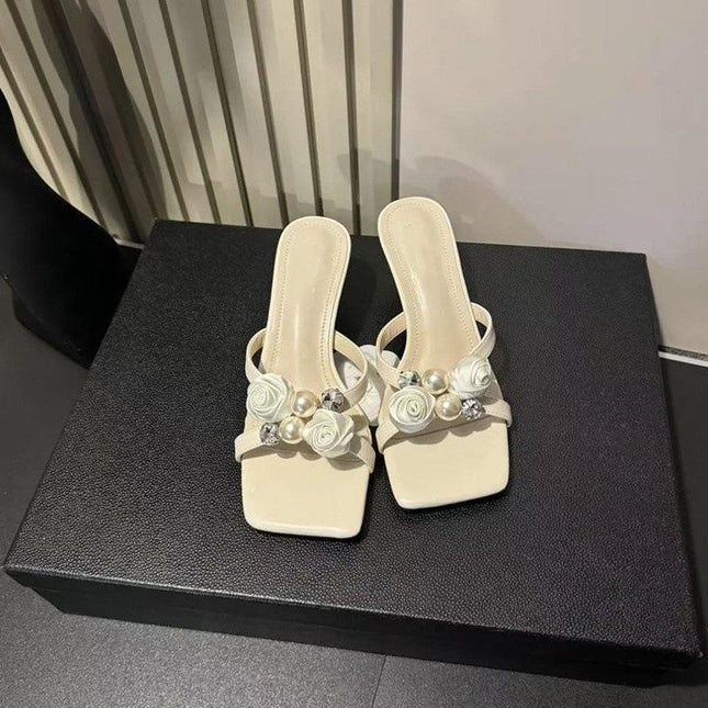 Ivory Floral Embellished Heels – Pearl & Rose Detail