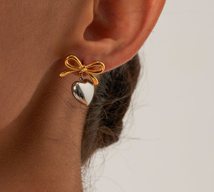 Heart & Bow Knot Drop Earrings - 18K Gold Plated Steel