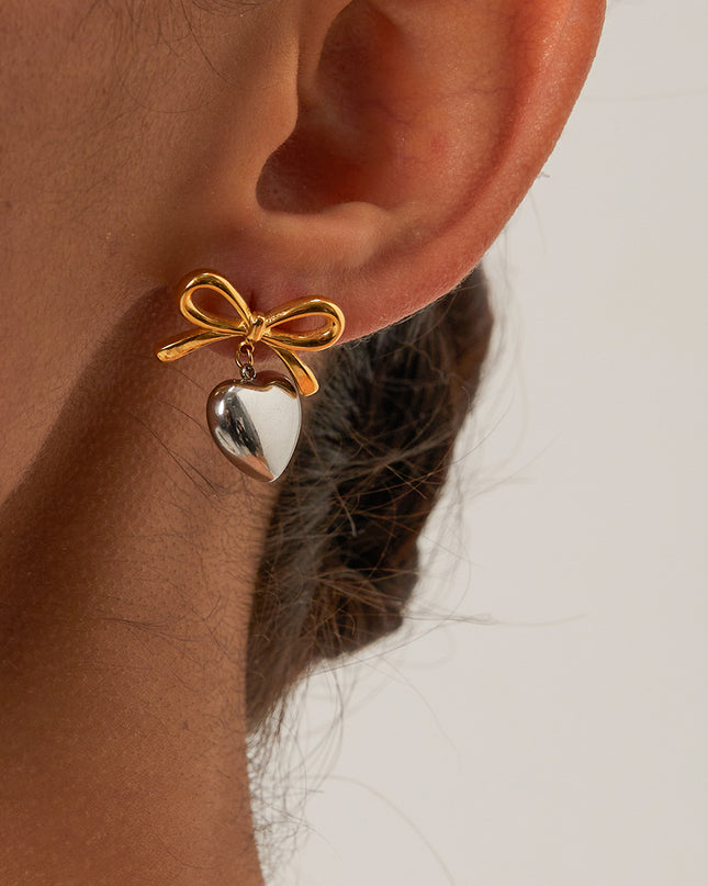 Heart & Bow Knot Drop Earrings - 18K Gold Plated Steel