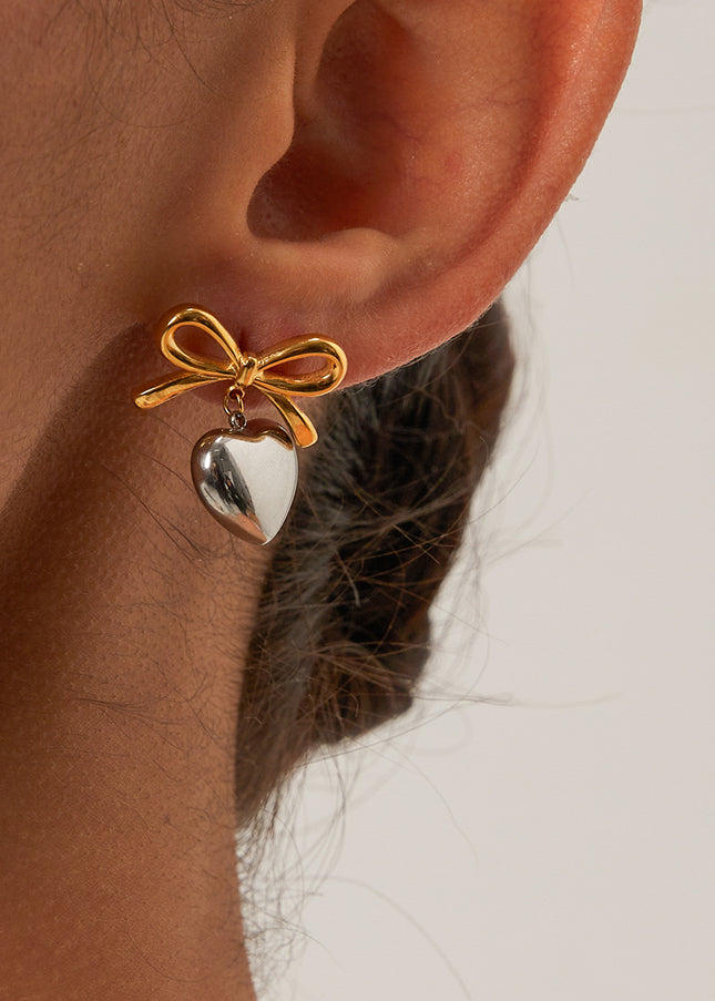 Heart & Bow Knot Drop Earrings - 18K Gold Plated Steel