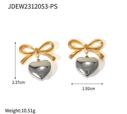 Heart & Bow Knot Drop Earrings - 18K Gold Plated Steel