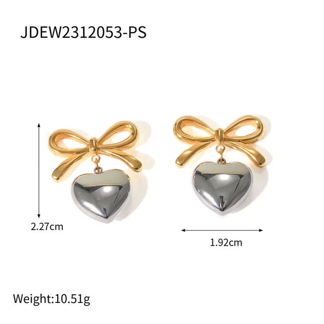 Heart & Bow Knot Drop Earrings - 18K Gold Plated Steel